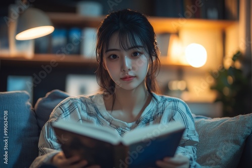 Young Asian woman dinks tea while reading book on the sofa in the evening, Generative AI photo