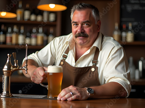 Confident Middle-Aged Bartender Posing at Bar Counter with Freshly Poured Pint of Beer, Dressed in Classic White Shirt and Stylish Brown Apron Surrounded by Assorted Liquor Bottles in Warm Ambiance photo