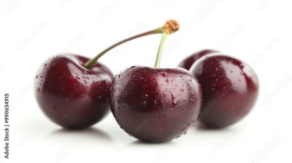Three dark red cherries with water drops on a white background. Three dark red cherries with water drops on a white background.