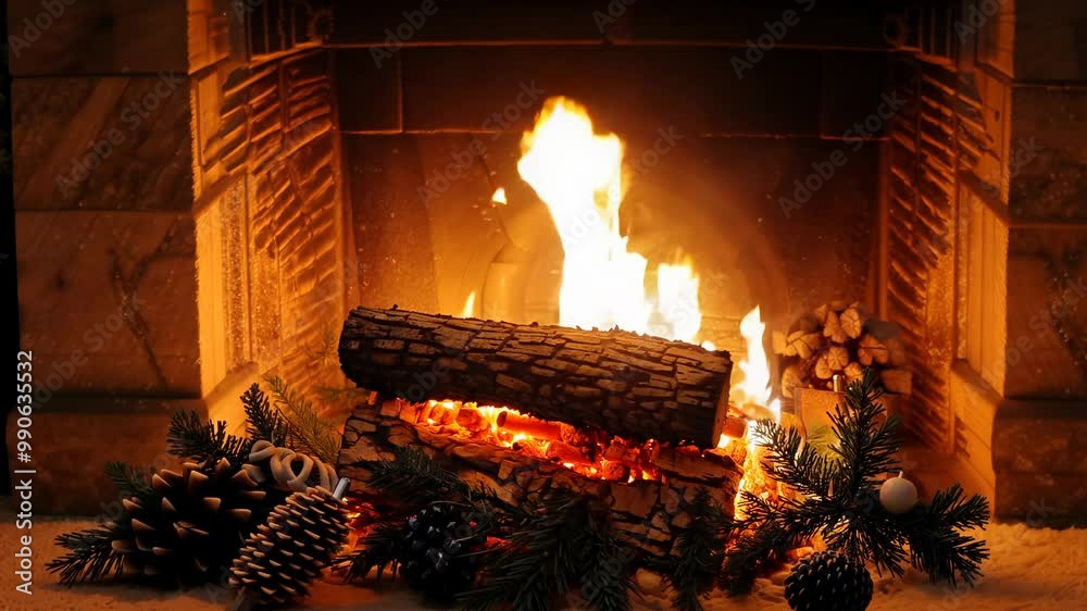 Static video of a yule log burning during winter solstice with spotlight lighting.