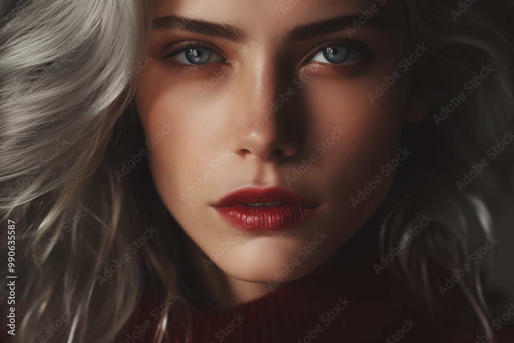 Confident platinum blonde woman posing with sleek, long hair in a stylish studio shot.