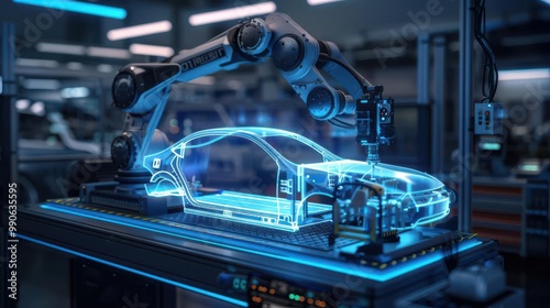 AI robot arm working in a smart factory, assembling a holographic car part, Industrial Techno, High-detail, Blue neon