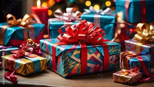 Colorfully Wrapped Gifts on a Festive Table With Candles and a Christmas Tree in the Background