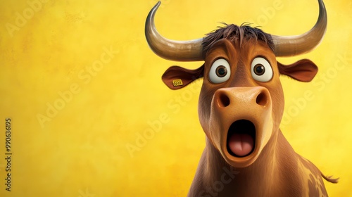 A cartoon bull with big eyes and an open mouth looking surprised against a yellow background. photo