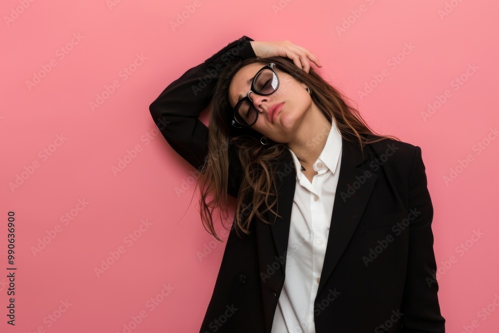 The young brunette in a black blazer leans against a bright pink backdrop, her fatigue evident as she runs her fingers through her hair, yearning for a break from her busy routine. The young brunette in a black blazer leans against a bright pink backdrop, her fatigue evident as she runs her fingers through her hair, yearning for a break from her busy routine.