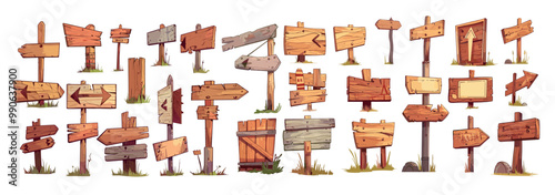 Wooden road signs cartoon vector set. Direction pillars boards arrows route pointers frames illustrations isolated on white background