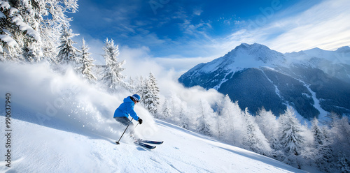 Skier skiing downhill in snowy mountains