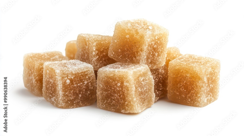 A pile of translucent green and yellow candy squares on a white background. A pile of translucent green and yellow candy squares on a white background.