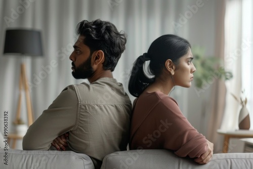 In a cozy living room, a young Indian couple sits back to back on the couch, visibly hurt and distant after a quarrel, reflecting on their strained relationship.