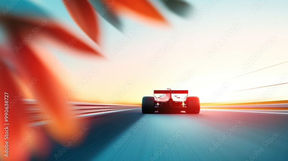 Fototapeta premium A blurry image of a race car speeding on a track, emphasizing the feeling of motion and speed.