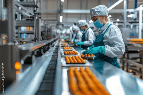Photo of production process in food factory workers packing food in boxes in fast moving machines. Food factory produces food with advanced technology system and good quality.