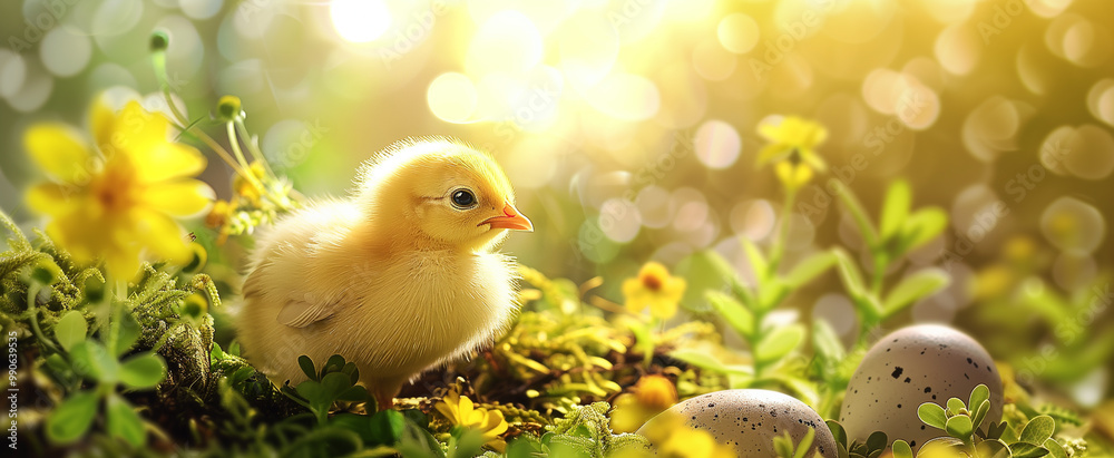 A cute yellow chick and decorated Easter eggs nestled among grass in the spring garden, festive spring Easter background. A cute yellow chick and decorated Easter eggs nestled among grass in the spring garden, festive spring Easter background.