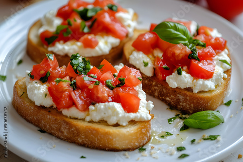 Italian bruschetta with roasted tomatoes, mozzarella cheese commercial advertising photo