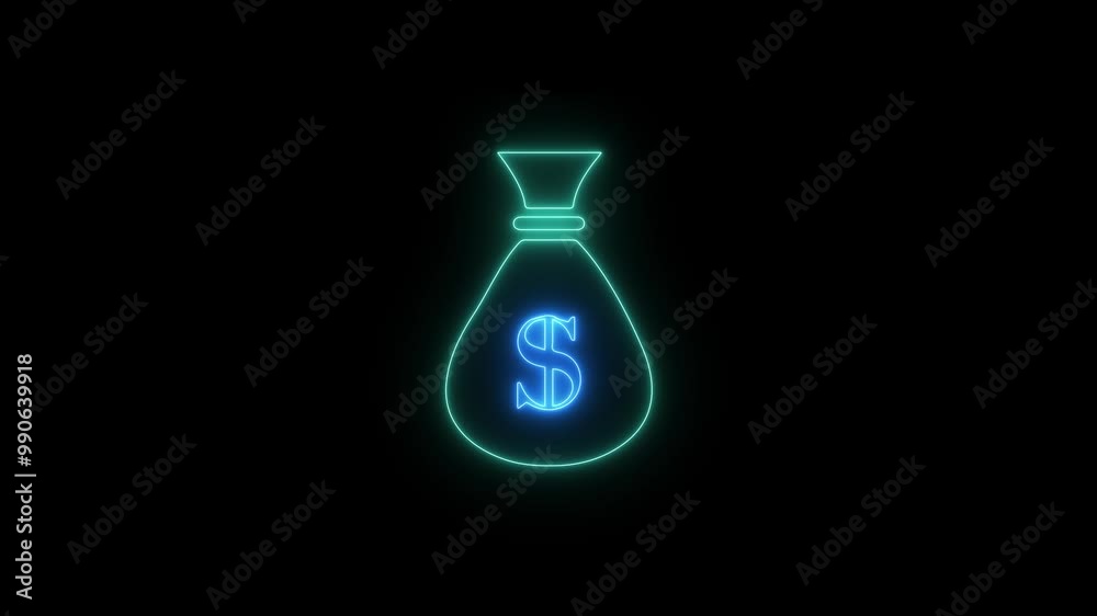Neon money bag with dollar sign. Bright neon money bag and dollar icon. Icon bag with money, neon style. Neon glowing money bag icon animation in black background. Neon money bag with dollar sign. Bright neon money bag and dollar icon. Icon bag with money, neon style. Neon glowing money bag icon animation in black background.