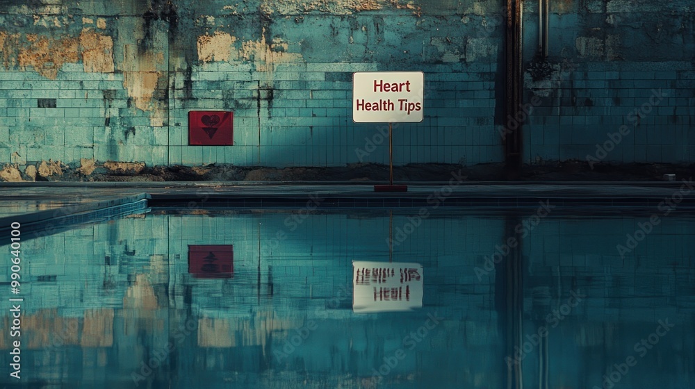 Obraz premium A serene indoor pool with a sign offering heart health tips reflected in the water.