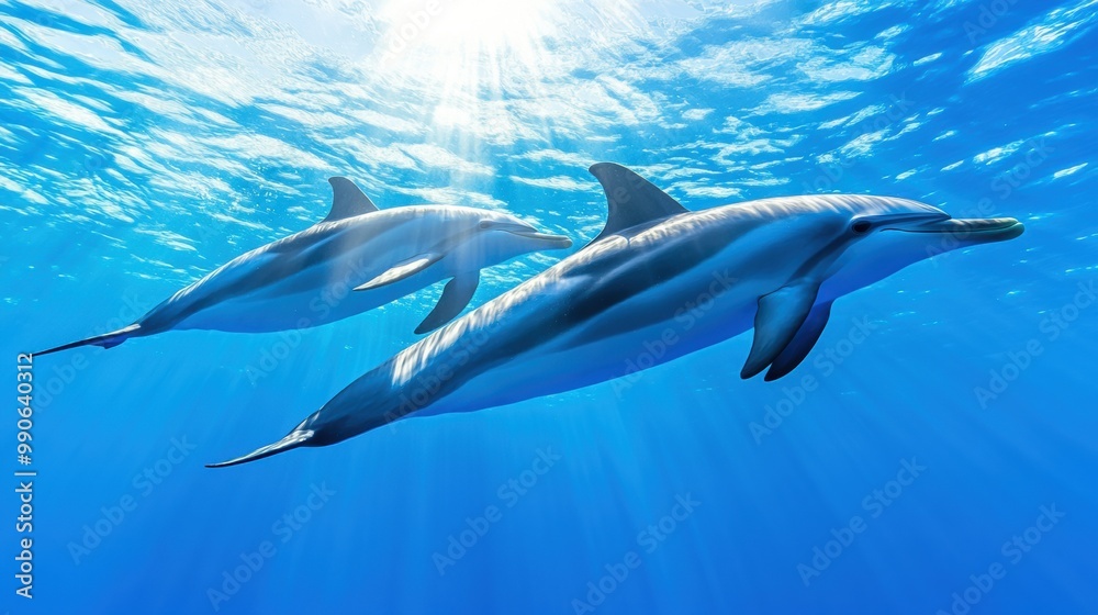 Obraz premium Graceful Dolphins Swimming in Clear Blue Ocean