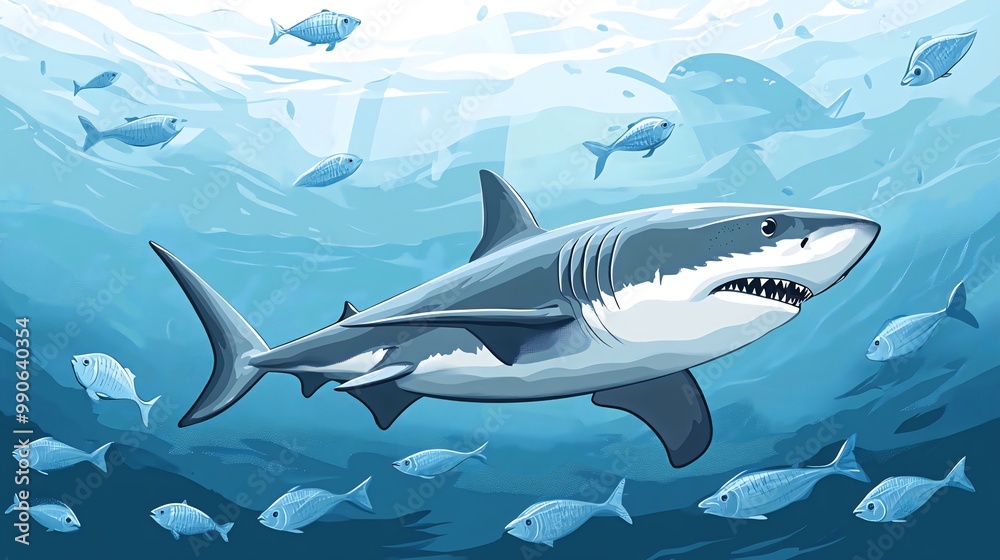 Fototapeta premium A large great white shark swims through a school of fish in the ocean.