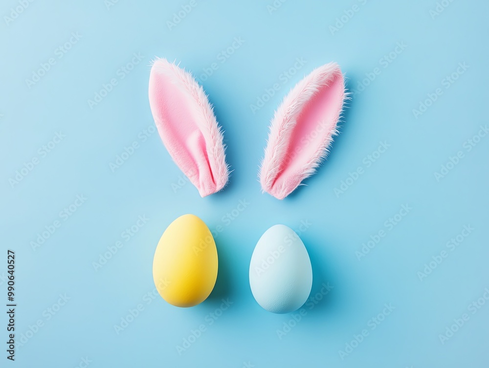 A playful arrangement of pastel-colored eggs and bunny ears on a blue background, evoking a festive Easter theme. A playful arrangement of pastel-colored eggs and bunny ears on a blue background, evoking a festive Easter theme.