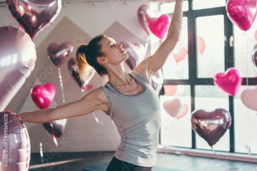 A young woman elegantly stretches in a sunlit room adorned with heart-shaped balloons, embracing a healthy lifestyle and the spirit of self-love this Valentines Day.