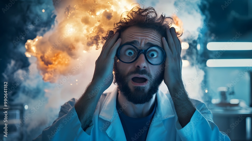 A Shocked Man with Smoke and Fire Above His Head