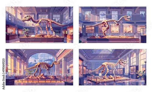 Zoological museum cartoon interior vector concepts. Trex skull jaws teeth fangs spine bones dinosaurs lizards remains tails archaeological fragments showcases pavilion illustrations