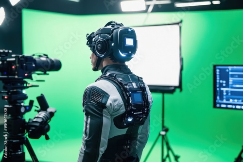 A film actor wearing a motion capture robot suit on a film set, surrounded by a green screen and professional film lighting. The scene captures the high-tech process of creating CGI and special effect