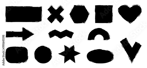 Circle, square and marker shapes drawn with a bristle brush. Rectangle, arrow and heart in grunge style.