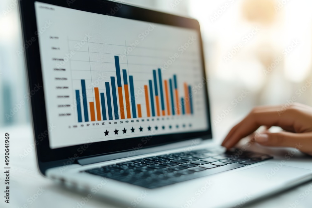 A laptop screen showing colorful bar charts and graphs, with a hand typing on the keyboard, representing data analysis and business insights. A laptop screen showing colorful bar charts and graphs, with a hand typing on the keyboard, representing data analysis and business insights.