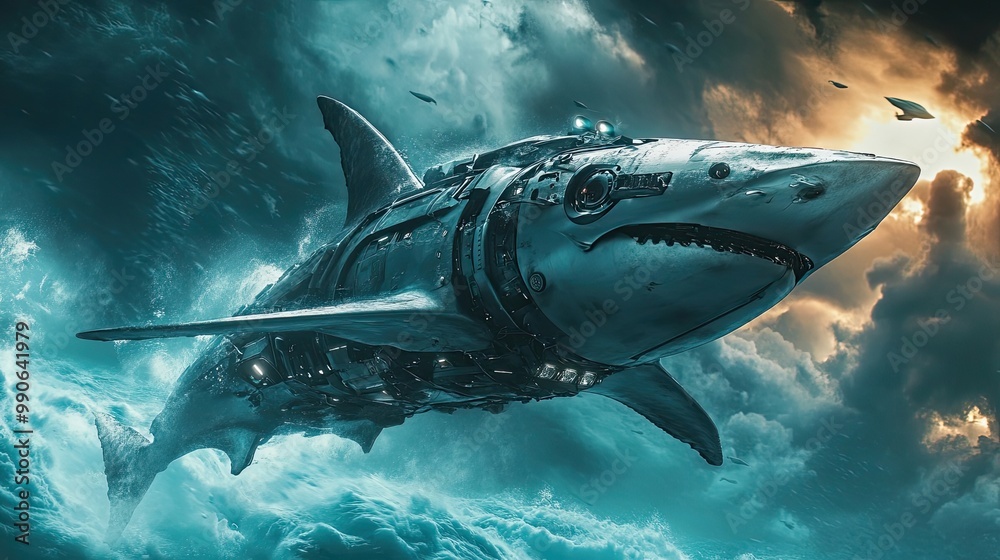 Fototapeta premium A Metallic Shark Soaring Through Stormy Seas