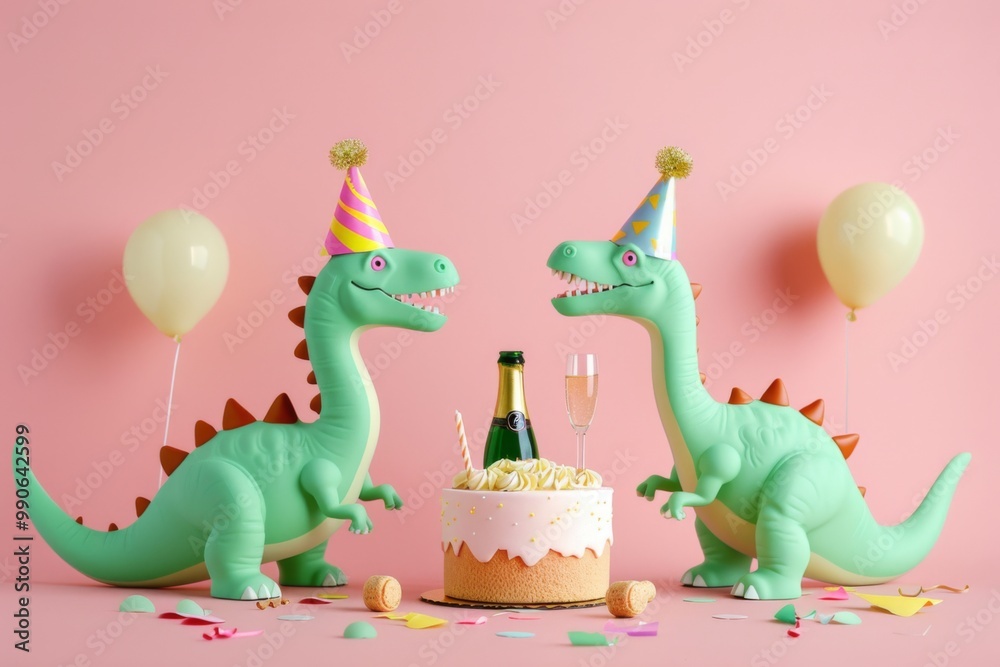 Obraz premium Two adorable green dinosaurs, donned in colorful party hats, joyfully gather around a delicious cake and champagne, celebrating a whimsical party in a pink paradise.