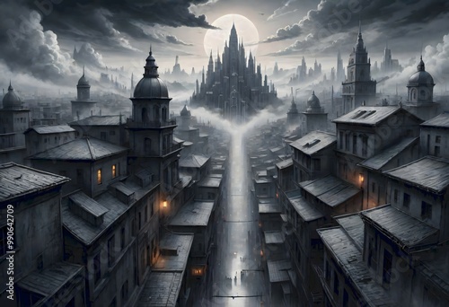 Dark, gothic cityscape with towering buildings and a large, ominous castle in the background, shrouded in fog and illuminated by a full moon, creating a mysterious and eerie atmosphere, Generative AI.