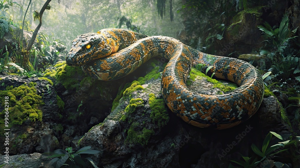 Fototapeta premium A Large, Camouflaged Snake Coiled on Moss-Covered Rocks in a Lush Jungle