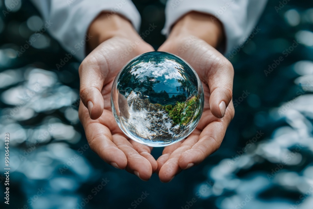 Hands holding a clear crystal ball reflecting water and nature, symbolizing environmental protection and nature's purity. Hands holding a clear crystal ball reflecting water and nature, symbolizing environmental protection and nature's purity.
