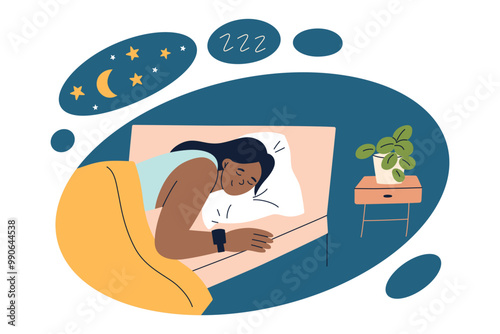 Vector illustration of woman wearing smart watch, peacefully sleeping in bed in cozy bedroom with home plant. Comfortable pillow, blanket and bedding. Health and sleep tracking scene. Rest, relaxation