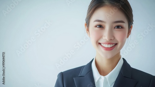 A beautiful young Asian woman with fair skin wearing a neat suit with a smiling face looking at the camera