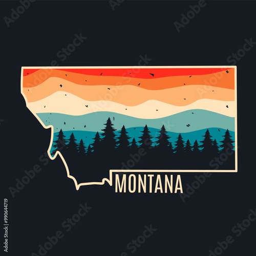 Montana State Silhouette with Retro Sunset Forest Illustration