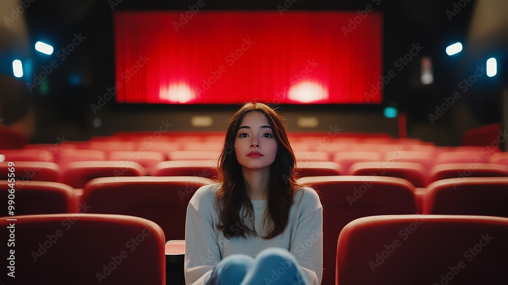 A woman sits in a movie theater, watching the screen. A woman sits in a movie theater, watching the screen.