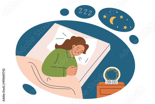 Vector illustration of woman peacefully sleeping in bed, cozy bedroom with nightstand, modern alarm with night lamp. Comfortable pillow, blanket and bedding. Night scene with stars and moon