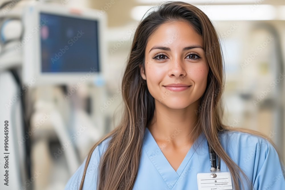 Fototapeta premium Smiling female healthcare worker in scrubs, confident and professional in a hospital setting