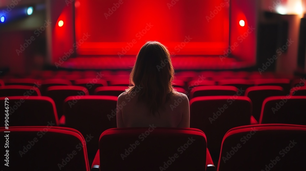 A woman sits alone in a movie theater watching the screen. A woman sits alone in a movie theater watching the screen.