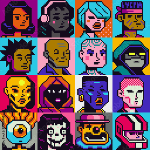 People character set, man, woman pixel art flat style, girl, guy, avatar, social net portrait, profile picture. Design of 80s. Game assets. 8-bit. Isolated vector illustration background.