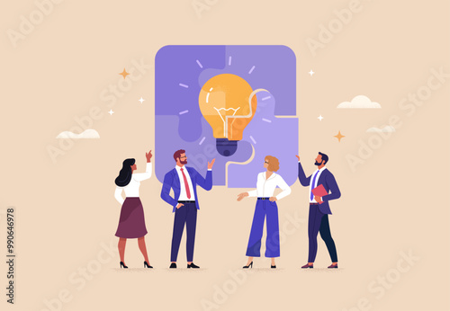 Business Brainstorm concept. Contemporary flat style abstract vector illustration of diverse people in business suits discussing a new idea in the form of a completed light bulb puzzle.