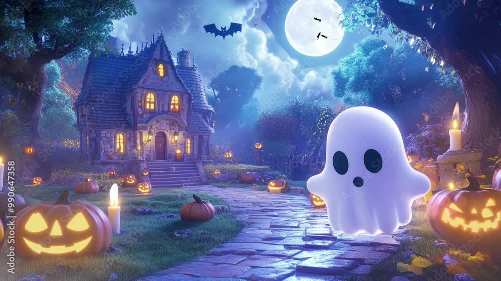 halloween background with pumpkin and white ghost. Virtual 4K video animation background with looping time lapse with very smooth graphics.