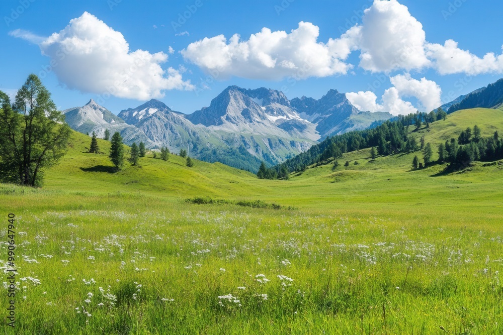 Vast green meadow with mountains under a bright blue sky and fluffy white clouds. Vast green meadow with mountains under a bright blue sky and fluffy white clouds.
