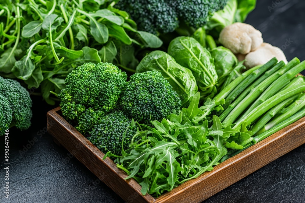 A wooden box filled with fresh green vegetables like asparagus, broccoli, and spinach, representing healthy eating and plant-based nutrition. A wooden box filled with fresh green vegetables like asparagus, broccoli, and spinach, representing healthy eating and plant-based nutrition.