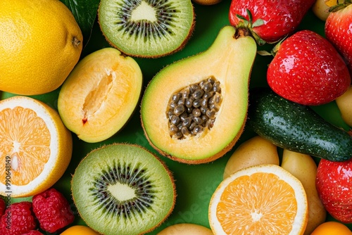 A flat lay of various fresh fruits including bananas, kiwi, apples, and berries, representing vibrant and healthy nutrition.