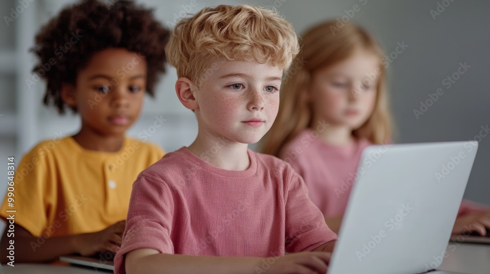 Focused children learning with laptops in a classroom setting. Focused children learning with laptops in a classroom setting.