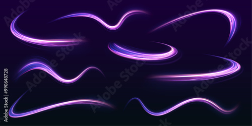Set of neon lines blurred in motion on a race track. Acceleration speed motion on night road. High speed effect motion blur night lights blue and red. 