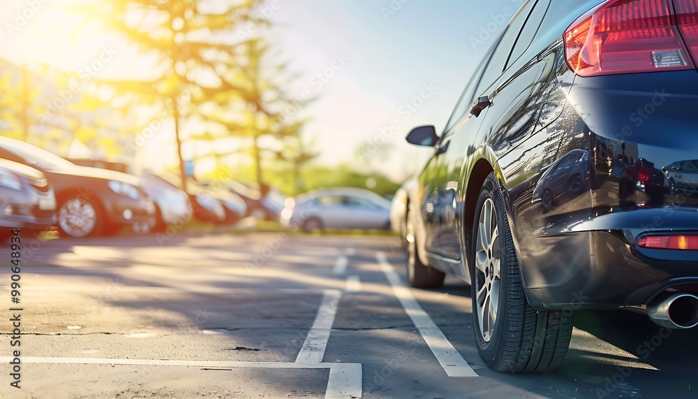 Naklejka premium Car parking lot with blurred bokeh light background