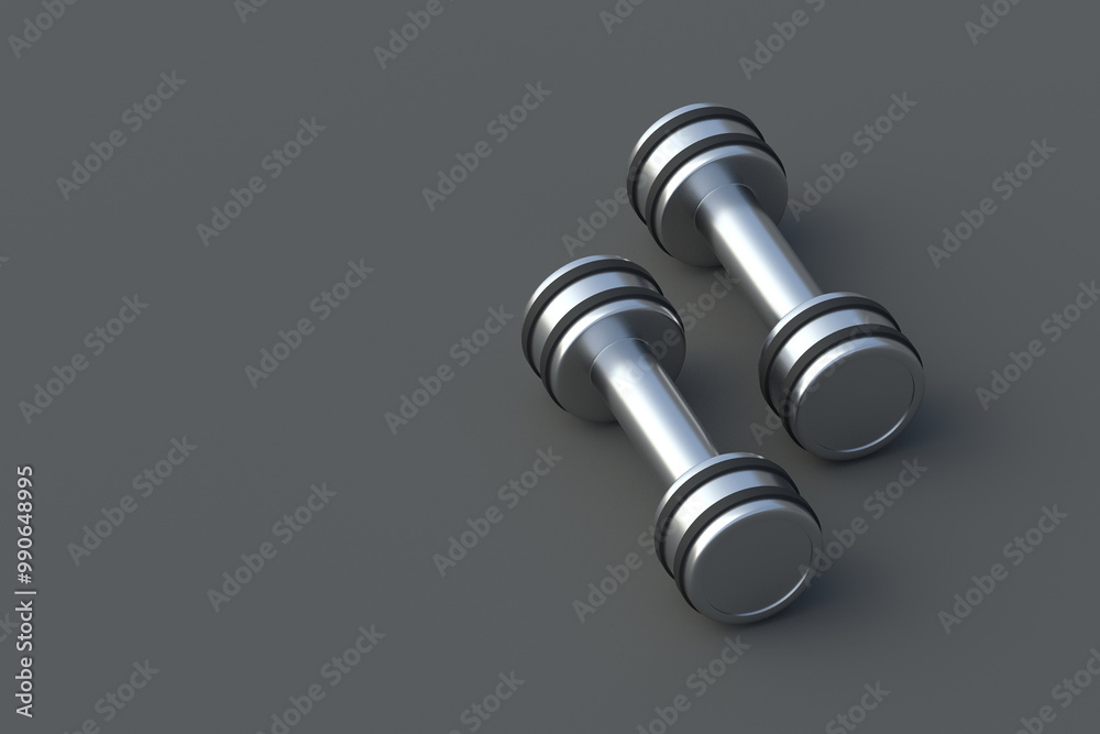 Two dumbbells on gray background. Healthy lifestyle. Athletic equipment. Hobby and leisure accessories. Professional inventory. Lifting of physical power. Copy space. 3d render Two dumbbells on gray background. Healthy lifestyle. Athletic equipment. Hobby and leisure accessories. Professional inventory. Lifting of physical power. Copy space. 3d render